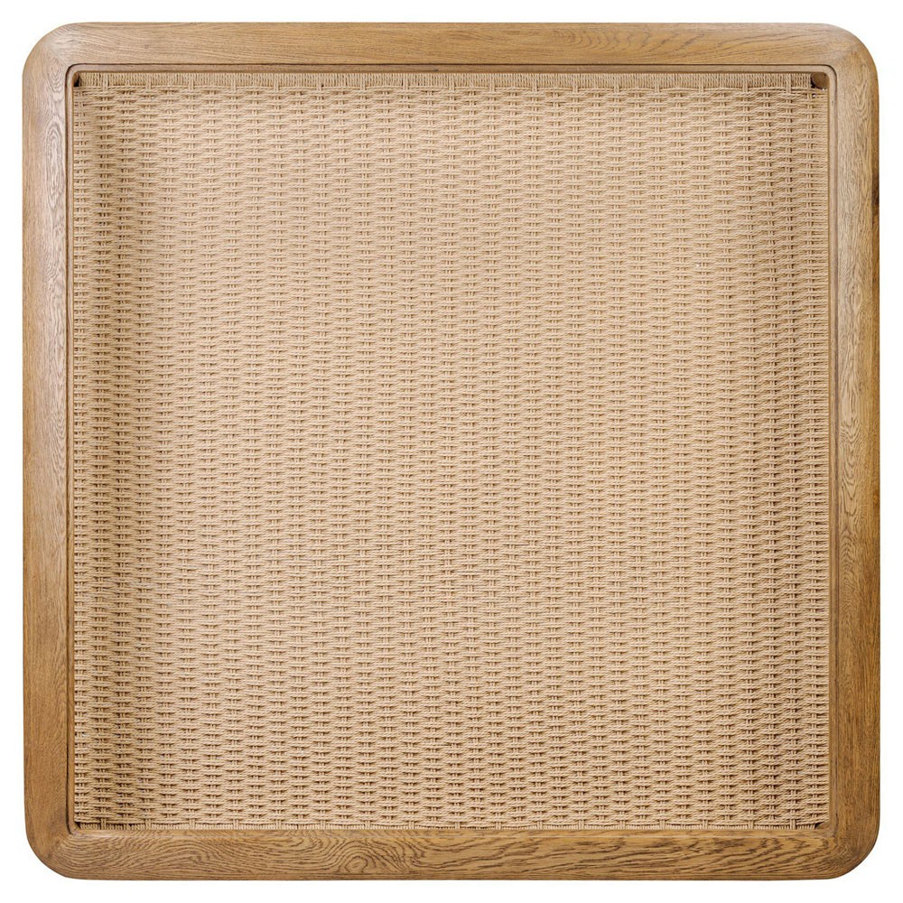 Carmela Coastal Beach Brown Oak Woven Rush Glass Square Coffee Table|