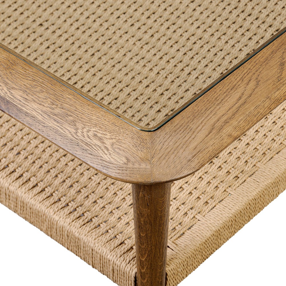 Carmela Coastal Beach Brown Oak Woven Rush Glass Square Coffee Table|