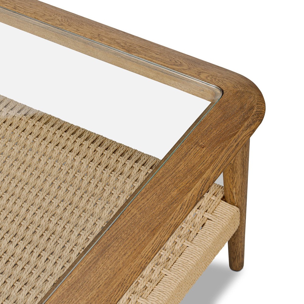 Carmela Coastal Beach Brown Oak Woven Rush Glass Square Coffee Table|