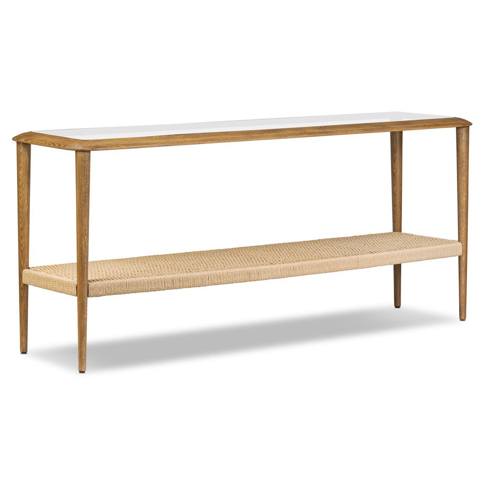 Carmela Coastal Beach Brown Oak Woven Rush Rectangular Console Table|