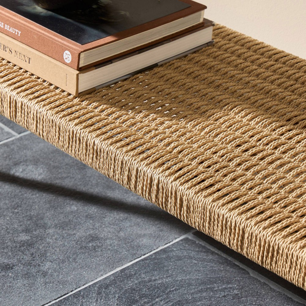 Carmela Coastal Beach Brown Oak Woven Rush Rectangular Console Table|