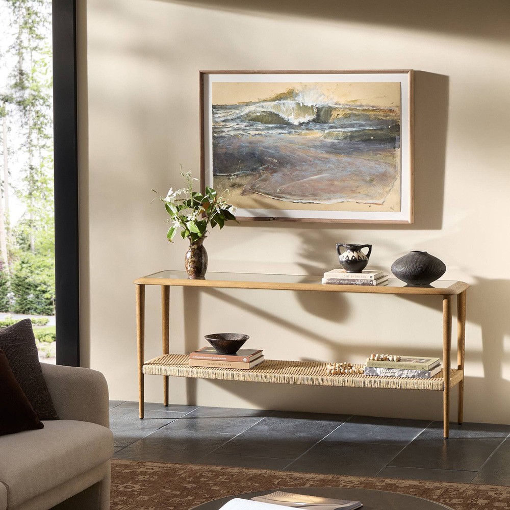 Carmela Coastal Beach Brown Oak Woven Rush Rectangular Console Table|