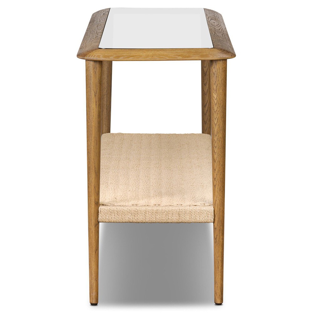 Carmela Coastal Beach Brown Oak Woven Rush Rectangular Console Table|