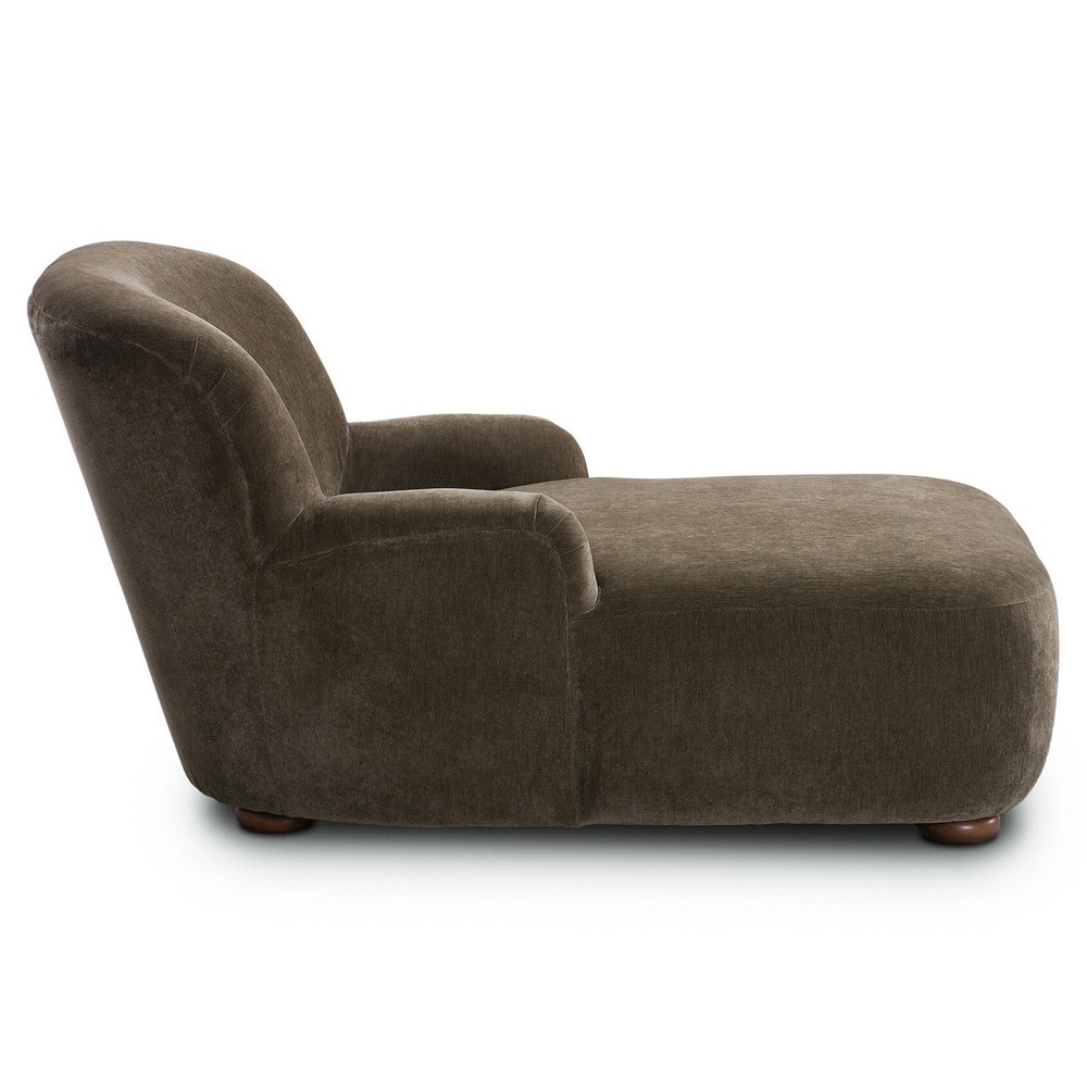 Kaden Modern Classic Olive Green Velvet Brown Wood Chaise Lounge|