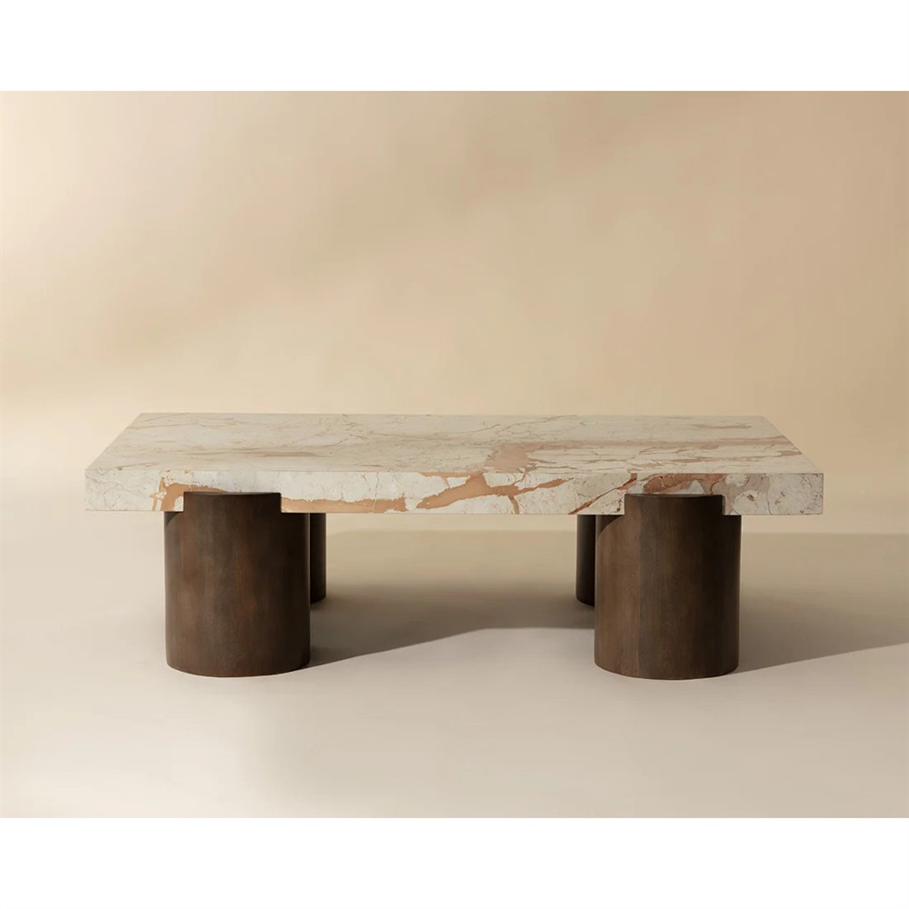 Philippa Modern Classic Cream Marble Brown Mango Wood Rectangular Coffee Table|