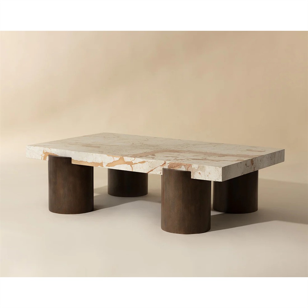 Philippa Modern Classic Cream Marble Brown Mango Wood Rectangular Coffee Table|
