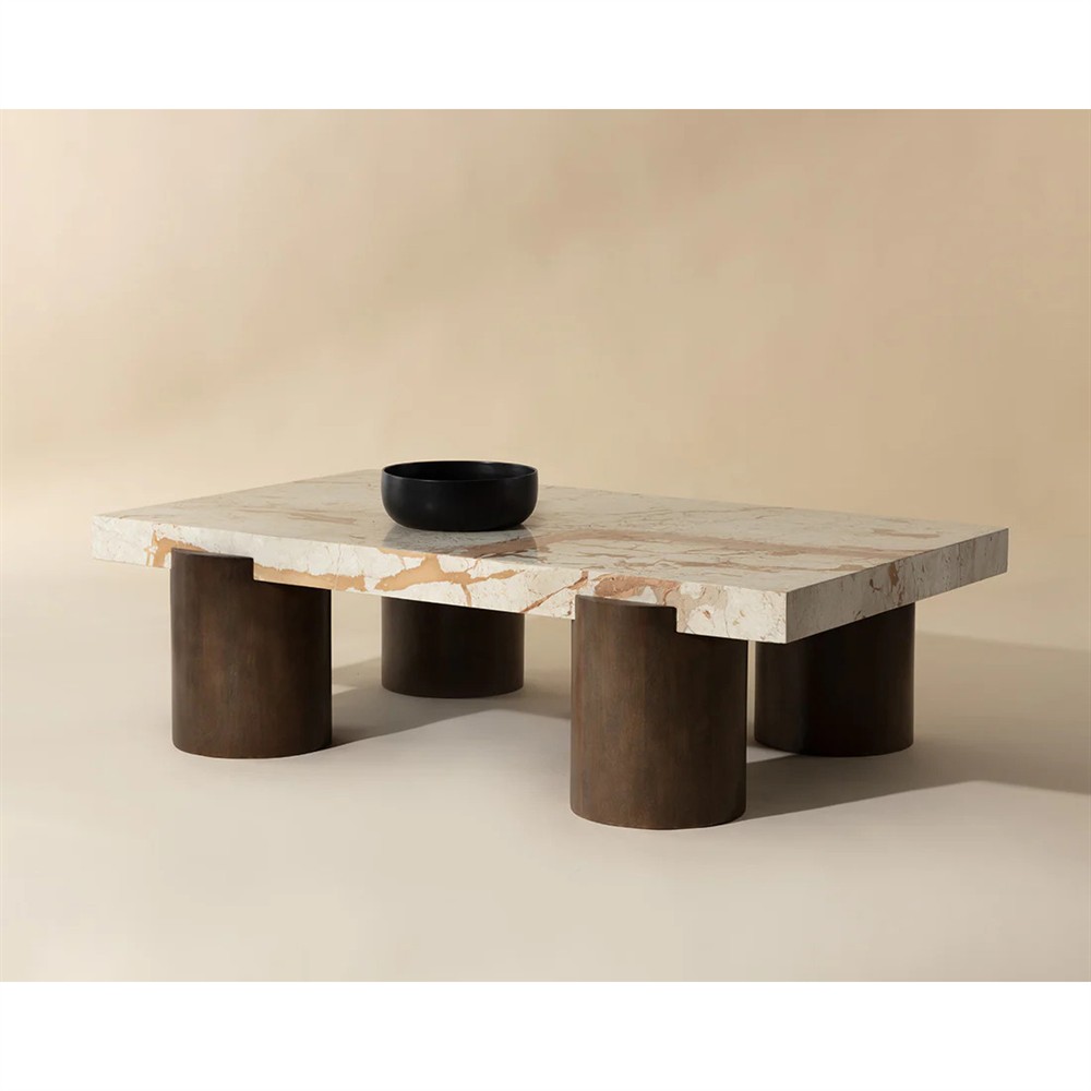 Philippa Modern Classic Cream Marble Brown Mango Wood Rectangular Coffee Table|
