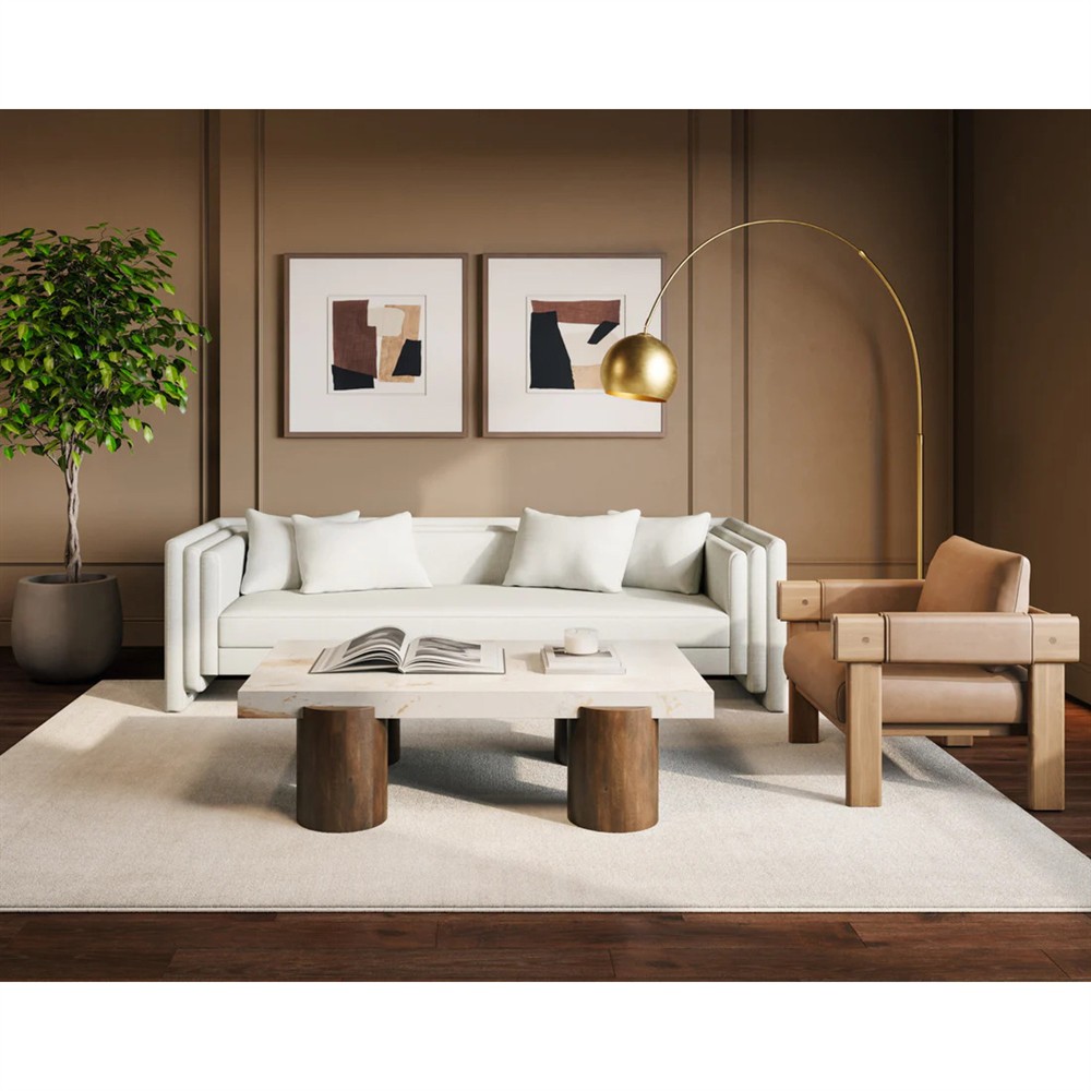 Philippa Modern Classic Cream Marble Brown Mango Wood Rectangular Coffee Table|