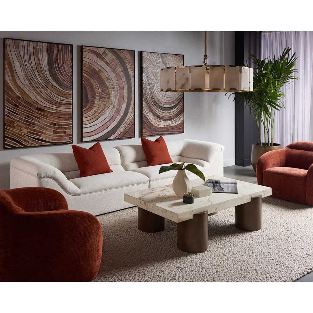 Philippa Modern Classic Cream Marble Brown Mango Wood Rectangular Coffee Table|