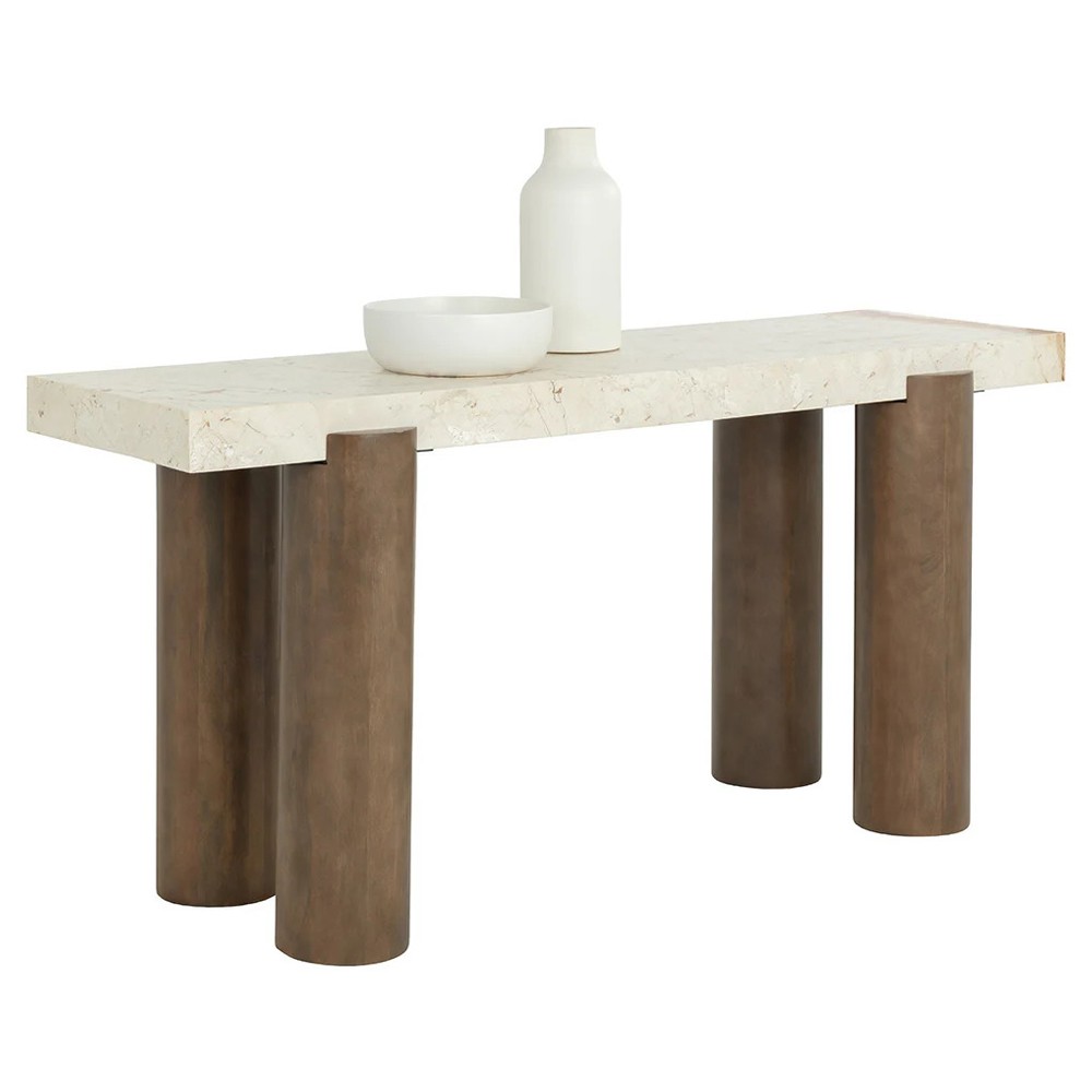Philippa Modern Classic Cream Marble Brown Mango Wood Rectangular Console Table|
