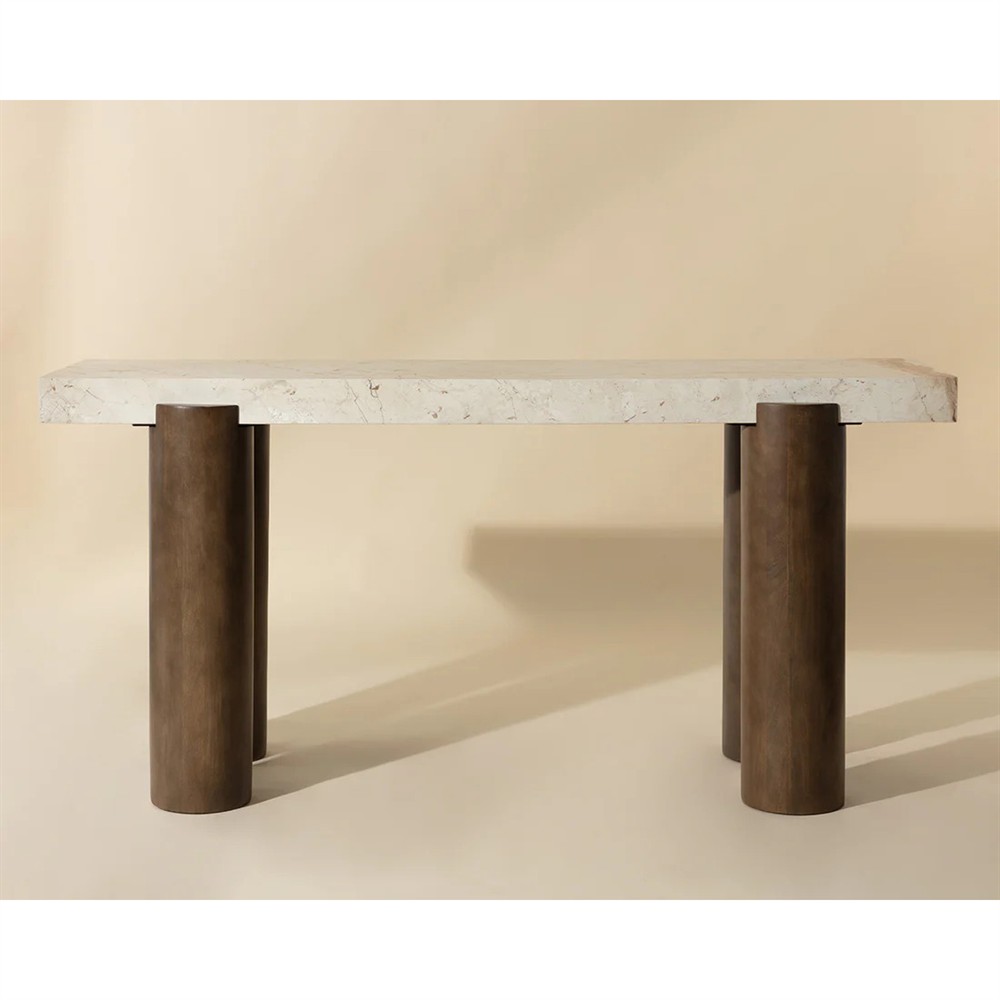 Philippa Modern Classic Cream Marble Brown Mango Wood Rectangular Console Table|