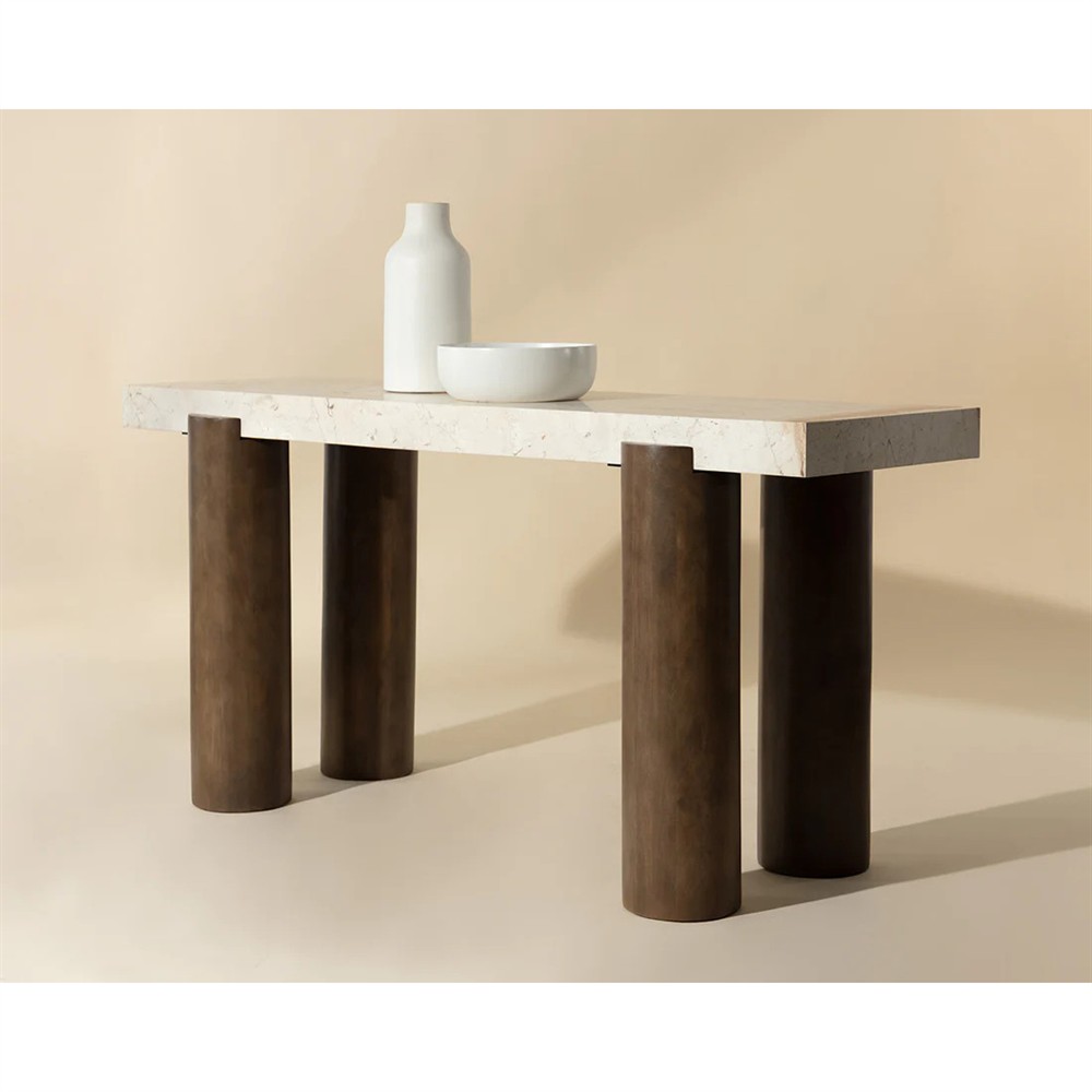 Philippa Modern Classic Cream Marble Brown Mango Wood Rectangular Console Table|