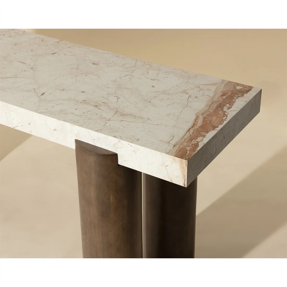 Philippa Modern Classic Cream Marble Brown Mango Wood Rectangular Console Table|