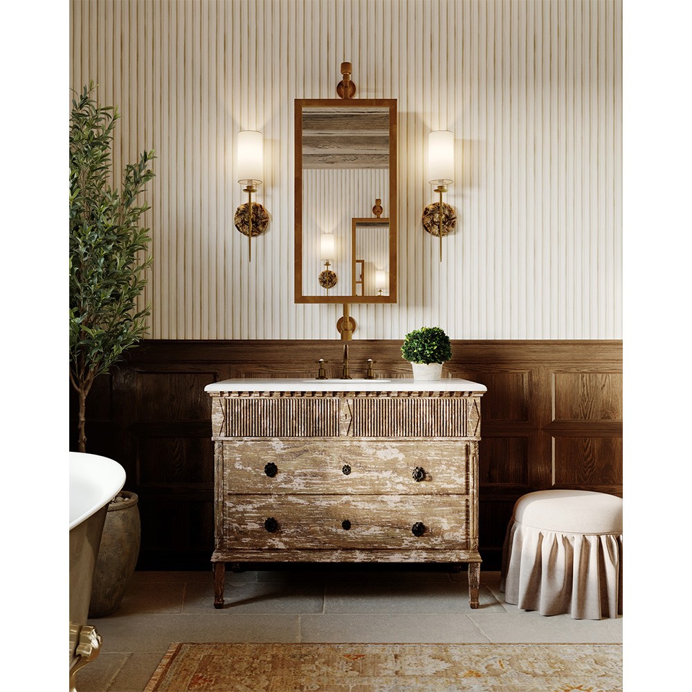 Keira French Country White Marble Brown Reclaimed Pine Vanity Sink - 46"|