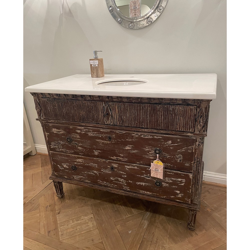 Keira French Country White Marble Brown Reclaimed Pine Vanity Sink - 46"|