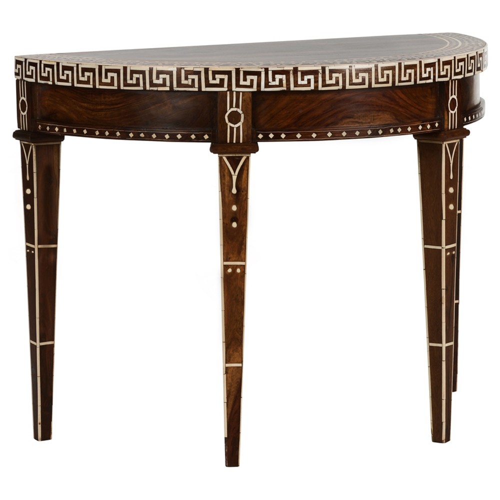 Lane Updated Traditional Brown Wood Bone Inlay Demilune Console Table|