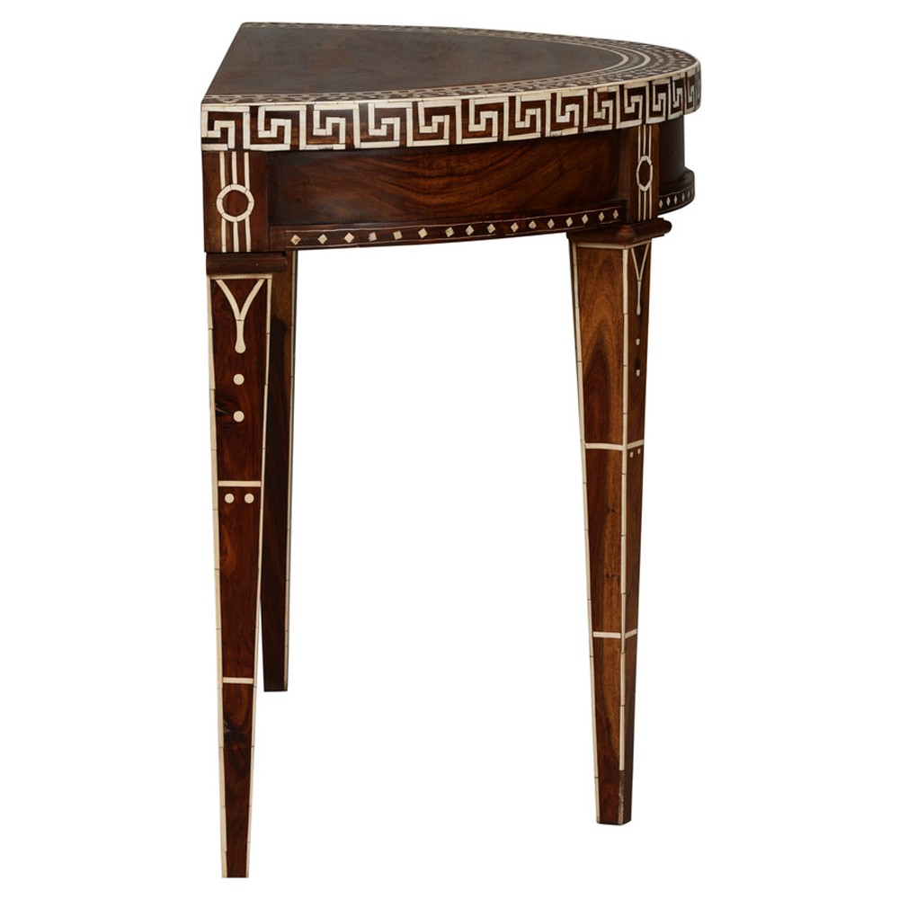Lane Updated Traditional Brown Wood Bone Inlay Demilune Console Table|
