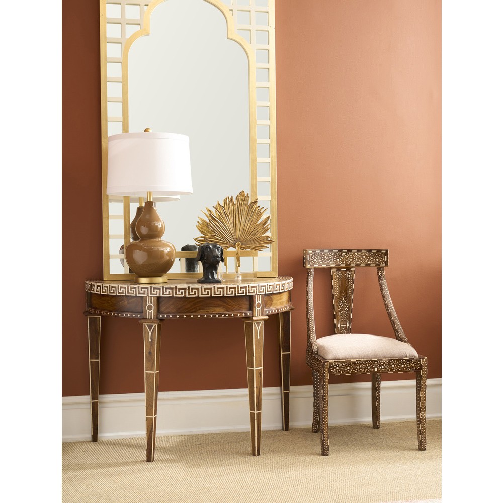 Lane Updated Traditional Brown Wood Bone Inlay Demilune Console Table|