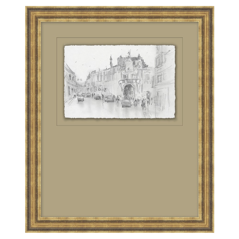 Saffira French Country Architecture Antique Gold Frame Diptych Illustration - 18x15|