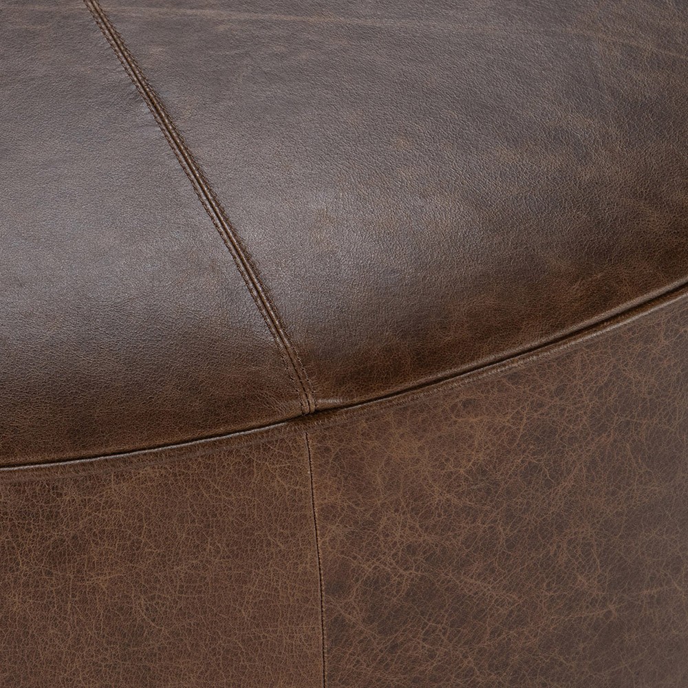 Leopold Rustic Lodge Dark Brown Leather Round Cocktail Ottoman|