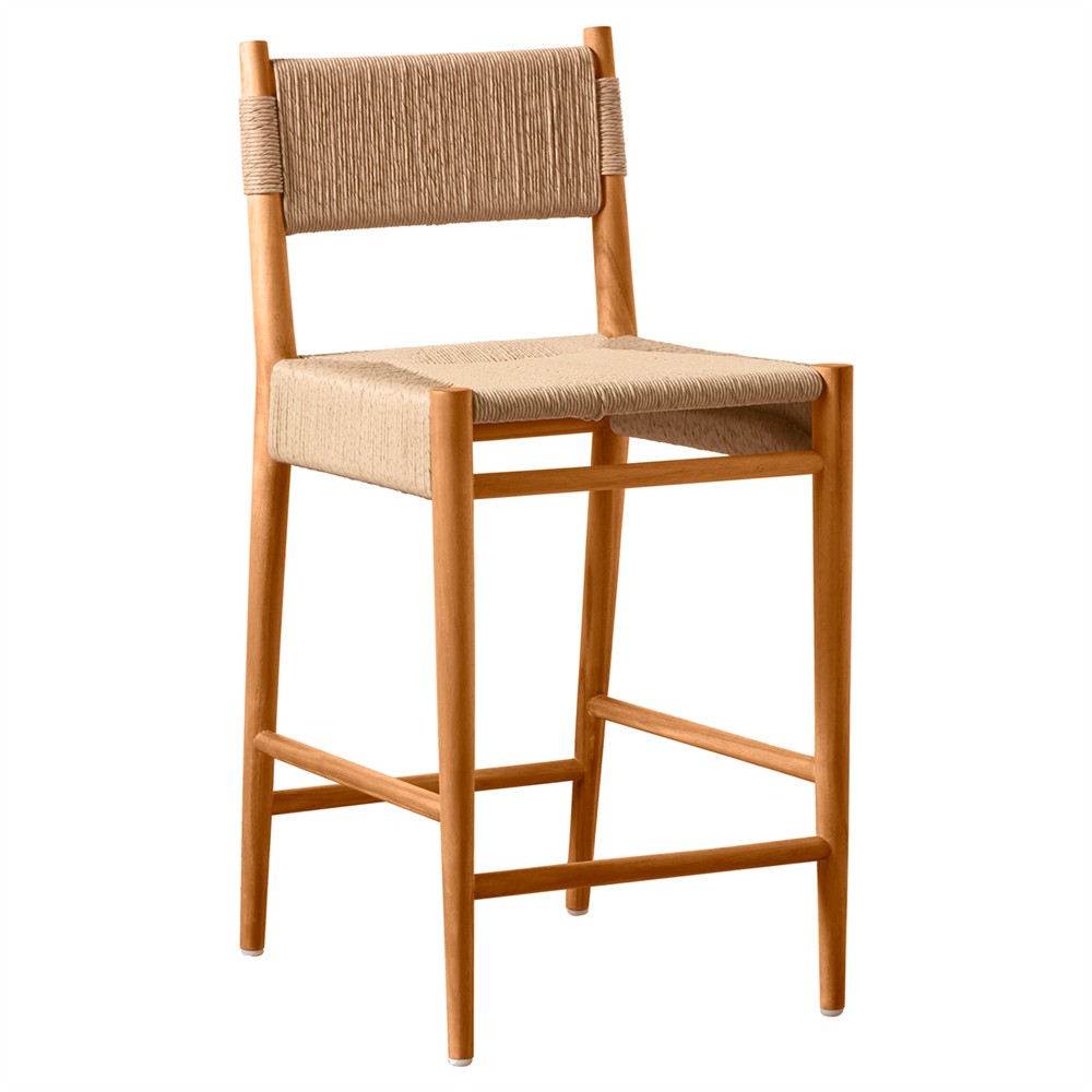 Almira Coastal Beach Natural Teak Wood Woven Outdoor Counter Stool|