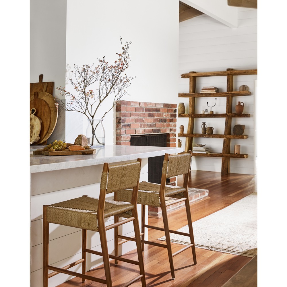 Almira Coastal Beach Natural Teak Wood Woven Outdoor Counter Stool|