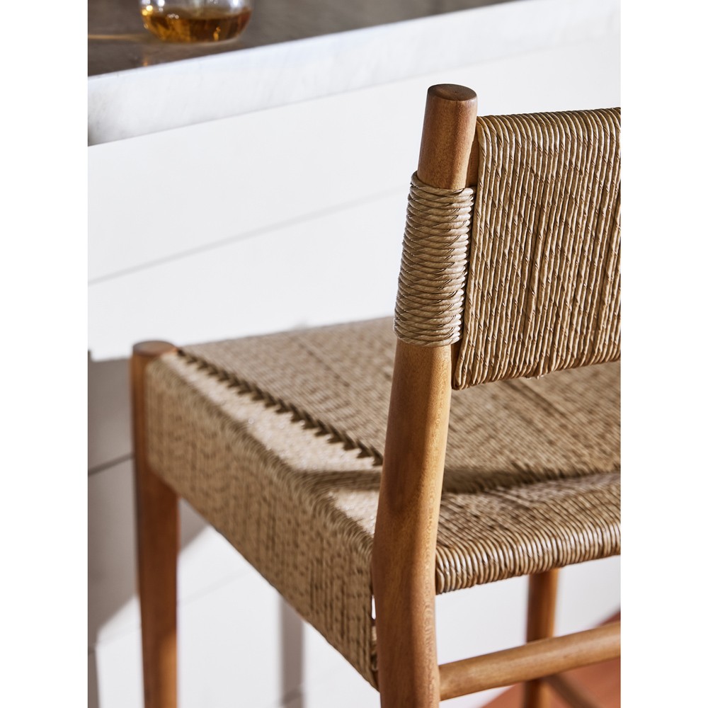 Almira Coastal Beach Natural Teak Wood Woven Outdoor Counter Stool|