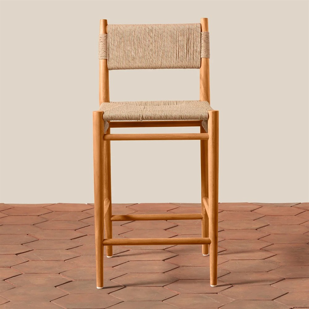 Almira Coastal Beach Natural Teak Wood Woven Outdoor Counter Stool|