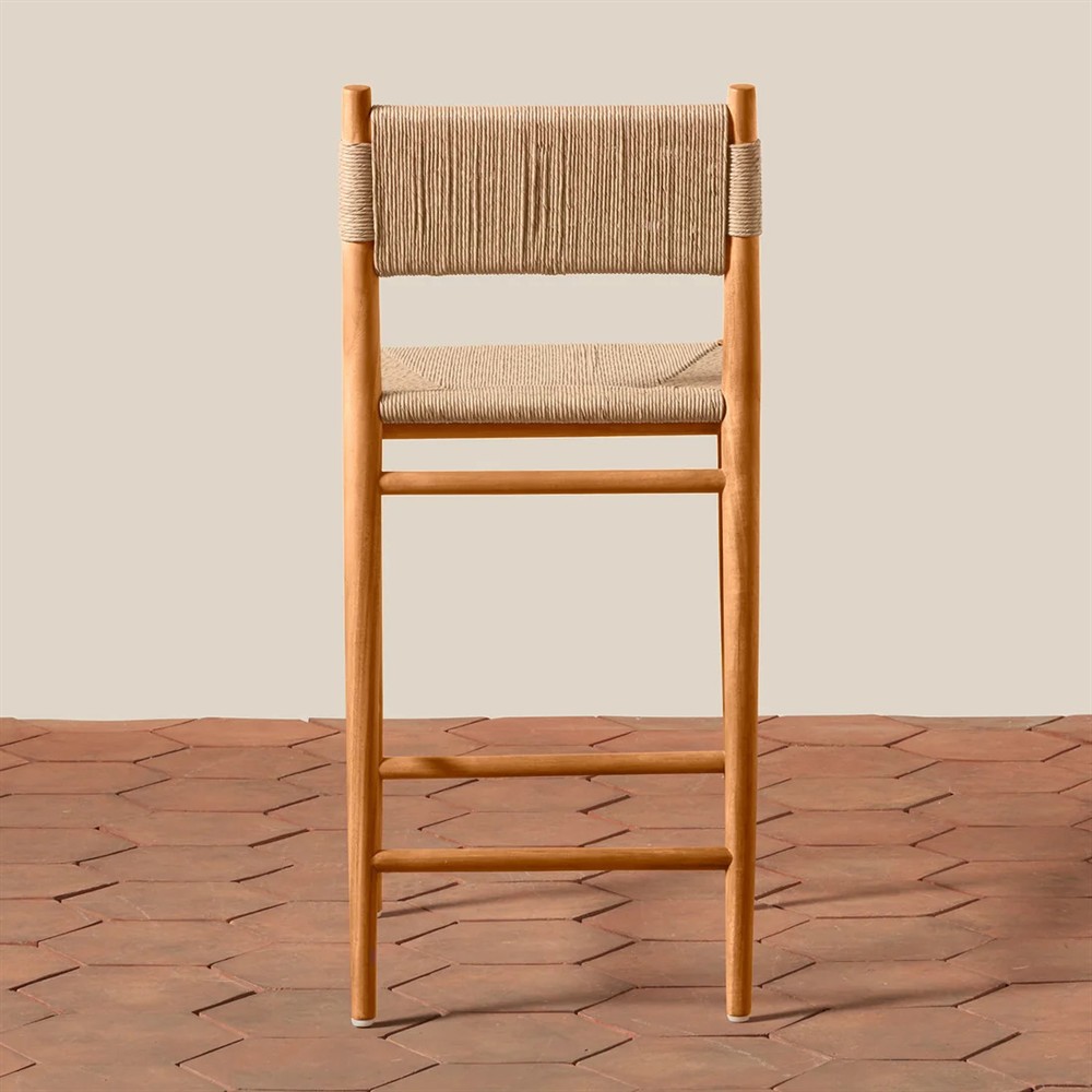 Almira Coastal Beach Natural Teak Wood Woven Outdoor Counter Stool|