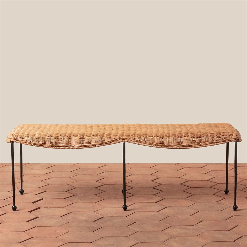 Mirea Coastal Beach Natural Rattan Woven Iron Outdoor Bench|