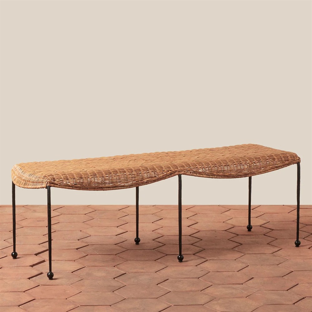 Mirea Coastal Beach Natural Rattan Woven Iron Outdoor Bench|