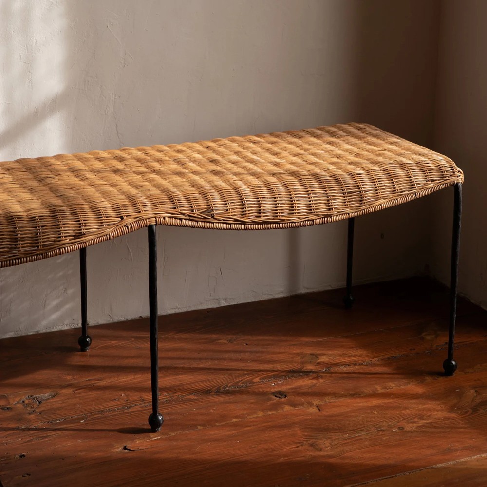 Mirea Coastal Beach Natural Rattan Woven Iron Outdoor Bench|