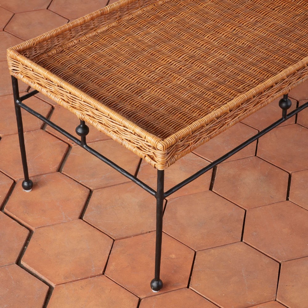 Mirea Coastal Beach Natural Rattan Woven Iron Rectangular Outdoor Coffee Table|