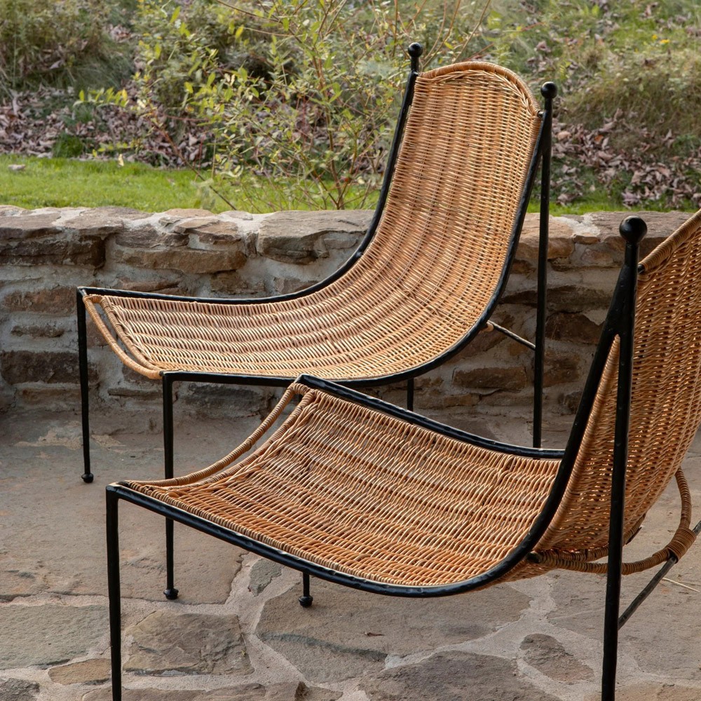 Mirea Coastal Beach Natural Rattan Woven Iron Outdoor Lounge Chair|