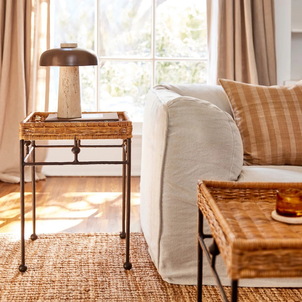 Mirea Coastal Beach Natural Rattan Woven Iron Square Outdoor Side Table|