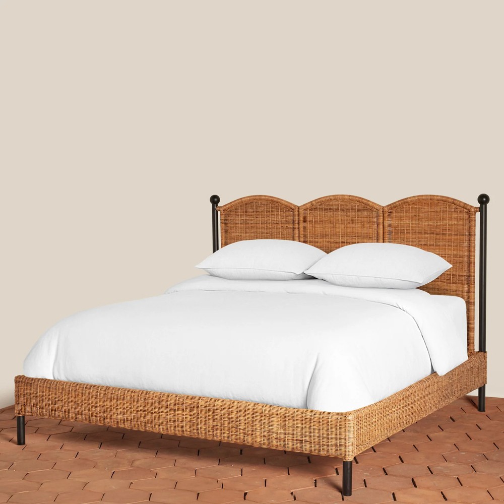 Mirea Coastal Beach Natural Rattan Woven Iron Scalloped Bed - Queen|