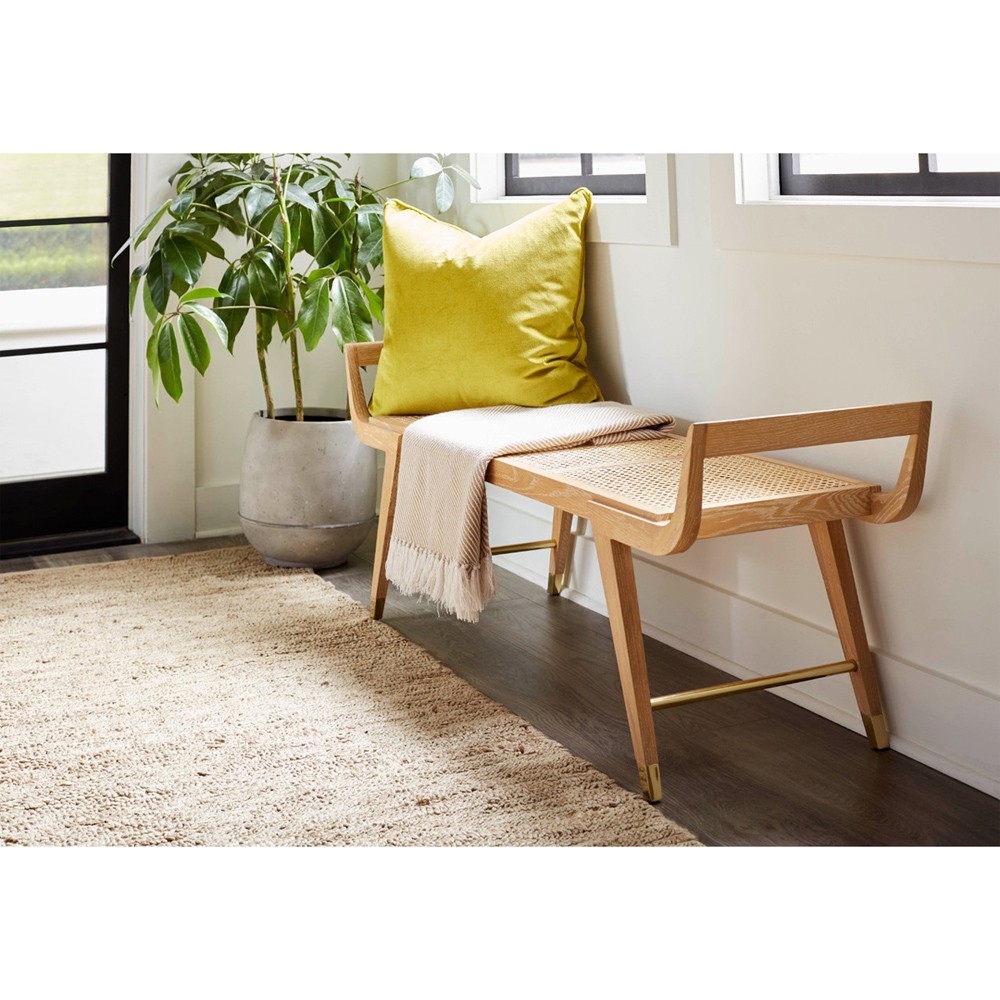 Delon Coastal Beach Natural Oak Woven Cane Entryway Bench Long