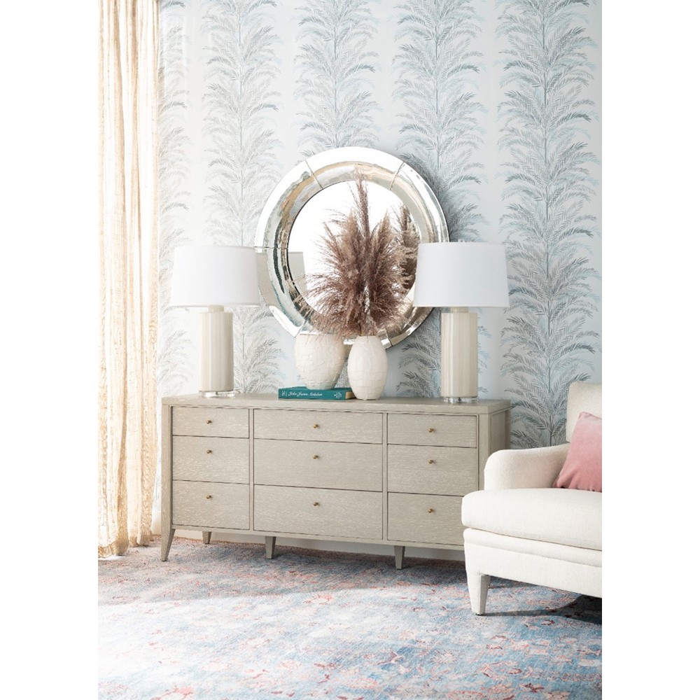 Paola French Country Soft Grey Oak Triple Dresser | Wood/Metal/Bronze | Kathy Kuo Home