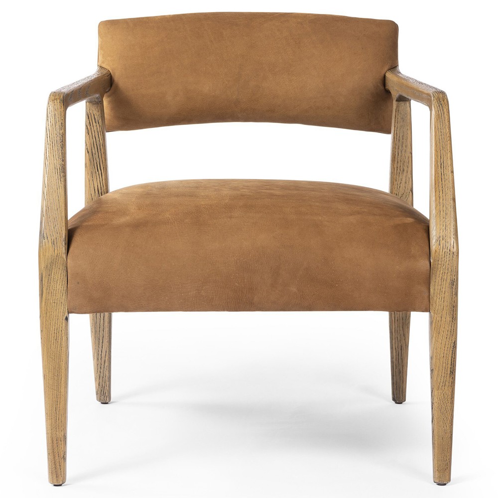 Pia Mid Century Modern Nubuck Cognac Leather Natural Oak Arm Chair|