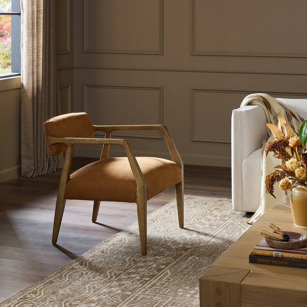 Pia Mid Century Modern Nubuck Cognac Leather Natural Oak Arm Chair|