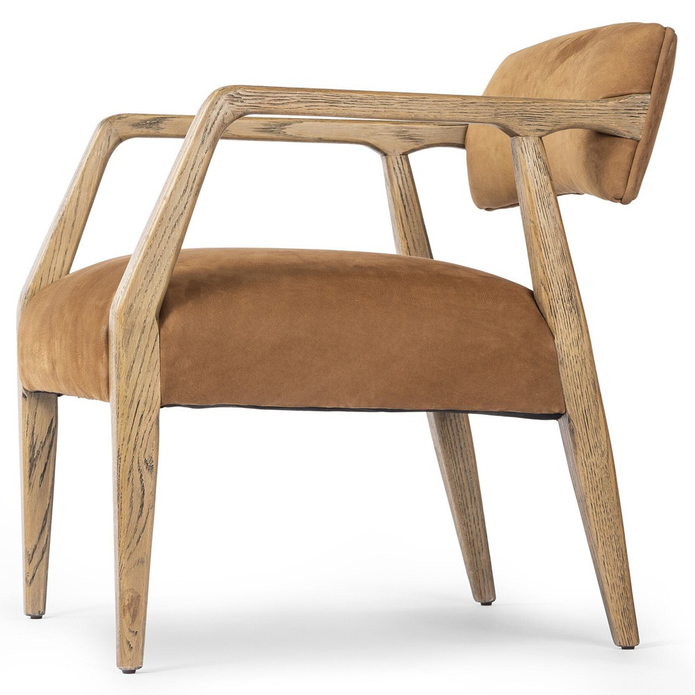 Pia Mid Century Modern Nubuck Cognac Leather Natural Oak Arm Chair|