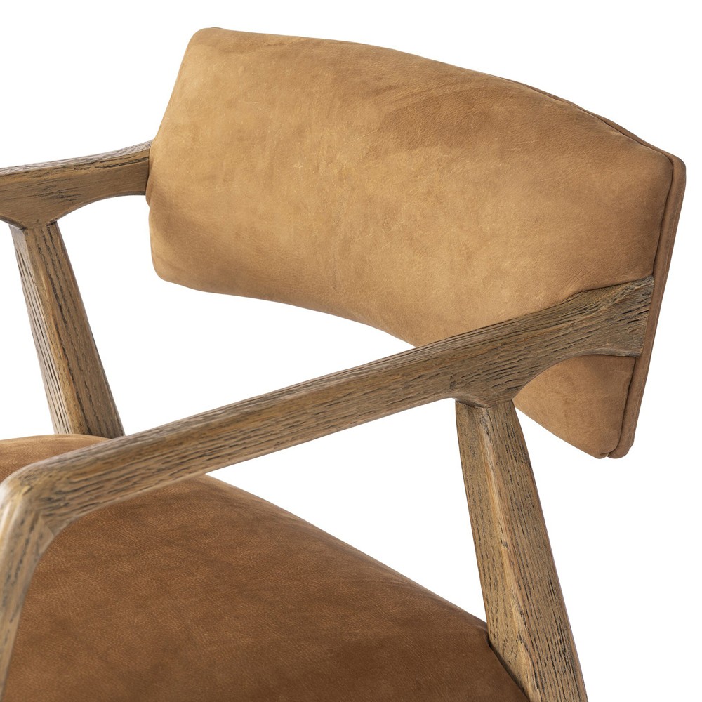 Pia Mid Century Modern Nubuck Cognac Leather Natural Oak Arm Chair|