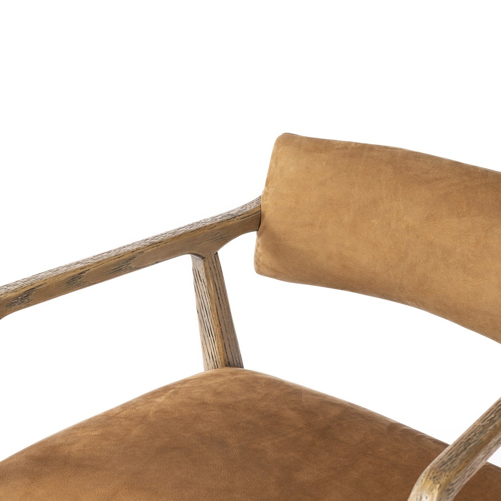 Pia Mid Century Modern Nubuck Cognac Leather Natural Oak Arm Chair|