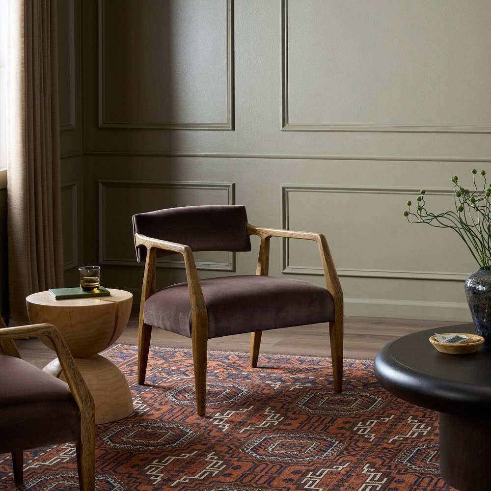 Pia Mid Century Modern Surrey Cocoa Velvet Natural Oak Arm Chair|