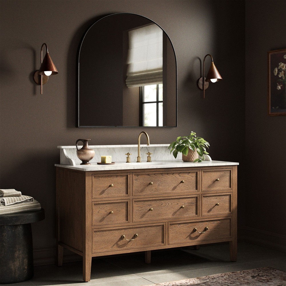hy様 オンセンガロウズ　カツドン Elliston Satin Worn Oak Single Wide Vanity | Kathy Kuo Home