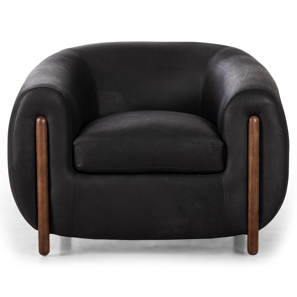 Riley Mid Century Modern Heirloom Black Leather Brown Wood Barrel Chair|