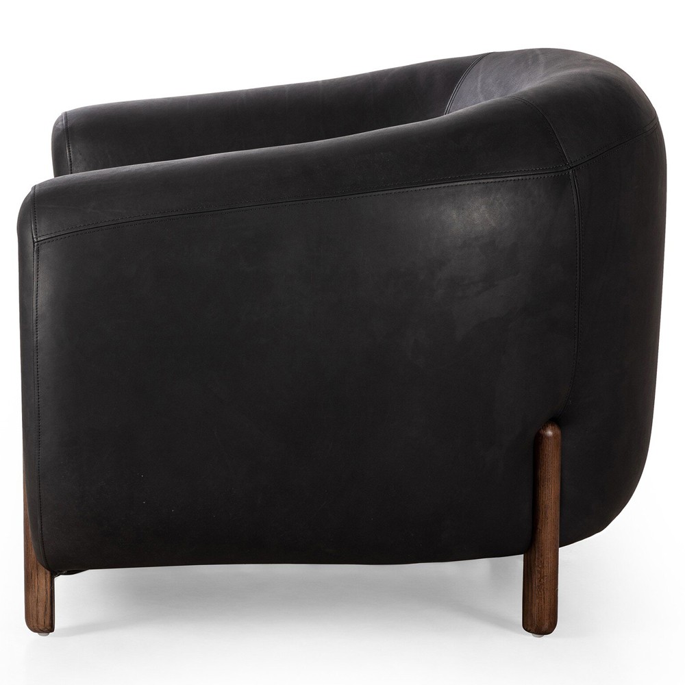 Riley Mid Century Modern Heirloom Black Leather Brown Wood Barrel Chair|