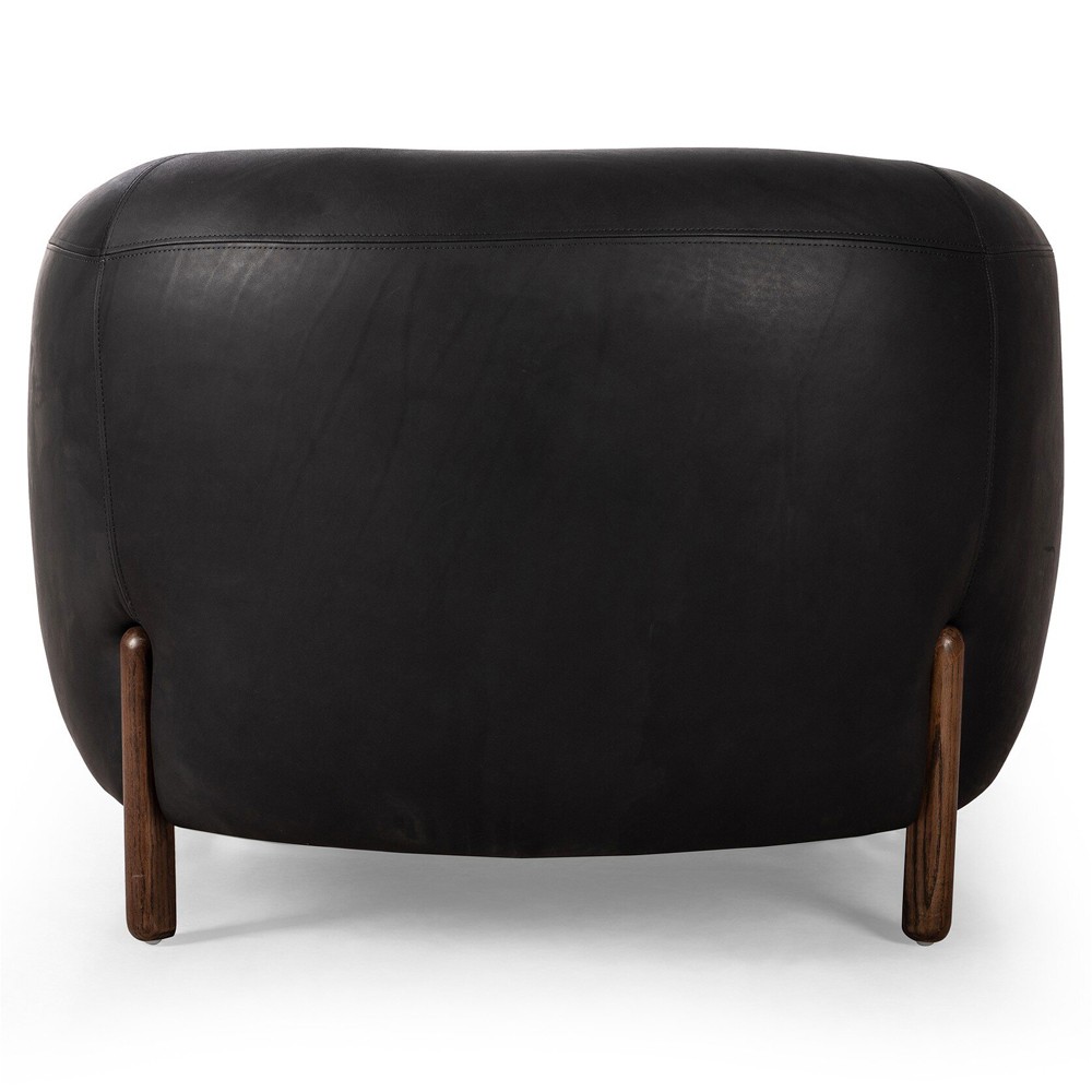 Riley Mid Century Modern Heirloom Black Leather Brown Wood Barrel Chair|