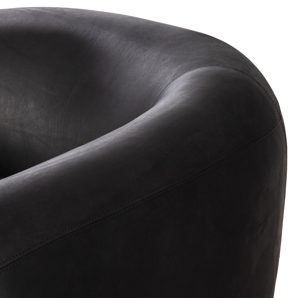 Riley Mid Century Modern Heirloom Black Leather Brown Wood Barrel Chair|