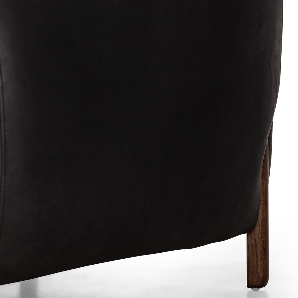 Riley Mid Century Modern Heirloom Black Leather Brown Wood Barrel Chair|